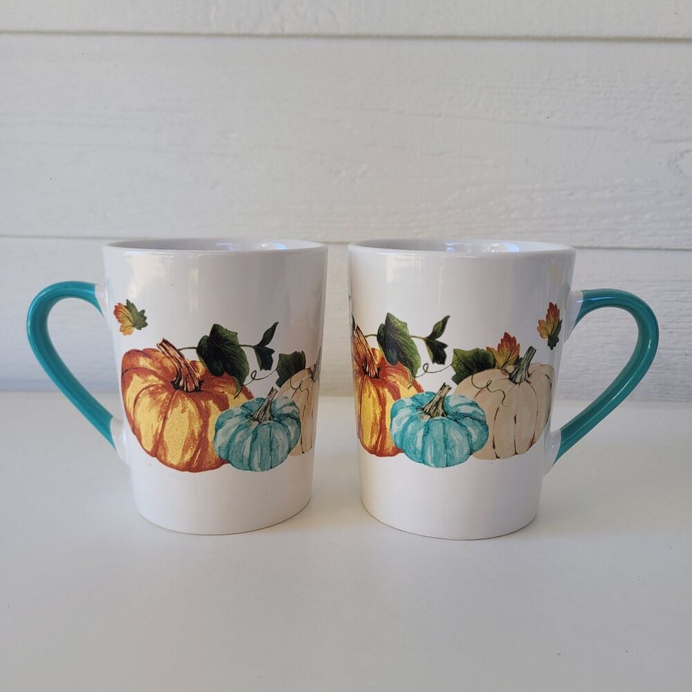 Set of 2 (TWO) Royal Norfolk Thanksgiving Pumpkin Mugs Holiday Stonewear Cups
